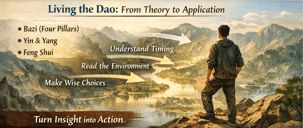 "Living the Dao: Practical application of Taoist philosophy, including Bazi, Yin & Yang, and Feng Shui to enhance life decisions and personal growth."