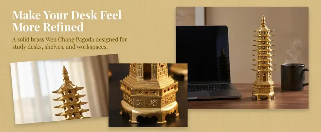 Compact brass pagoda desk ornament for study spaces