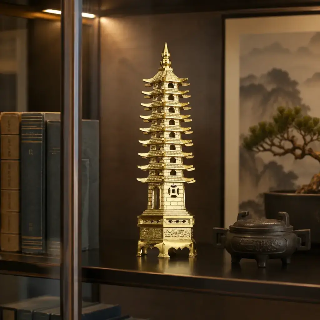 Daoism Light solid brass Wen Chang Pagoda on a bookshelf