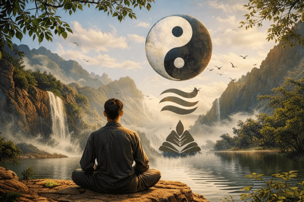 daoist philosophy concept showing harmony between nature and human life