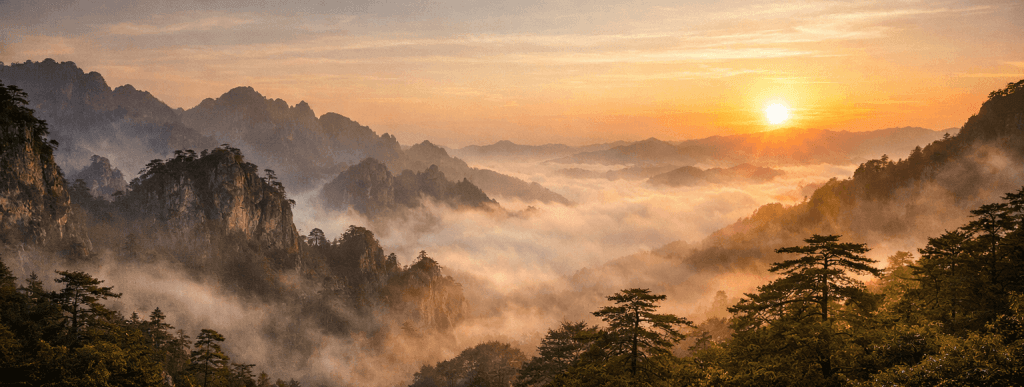 Misty mountains symbolizing the philosophical origins of Daoism in ancient China 1