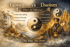 Taoism vs Daoism: Life philosophy and spiritual practice. Visual representation of Wu Wei, inner balance, and Qi energy principles in Taoism and Daoism.
