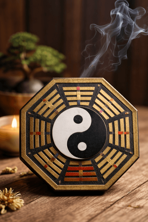 Minimalist Daoist Bagua diagram showing life direction, timing, and balance