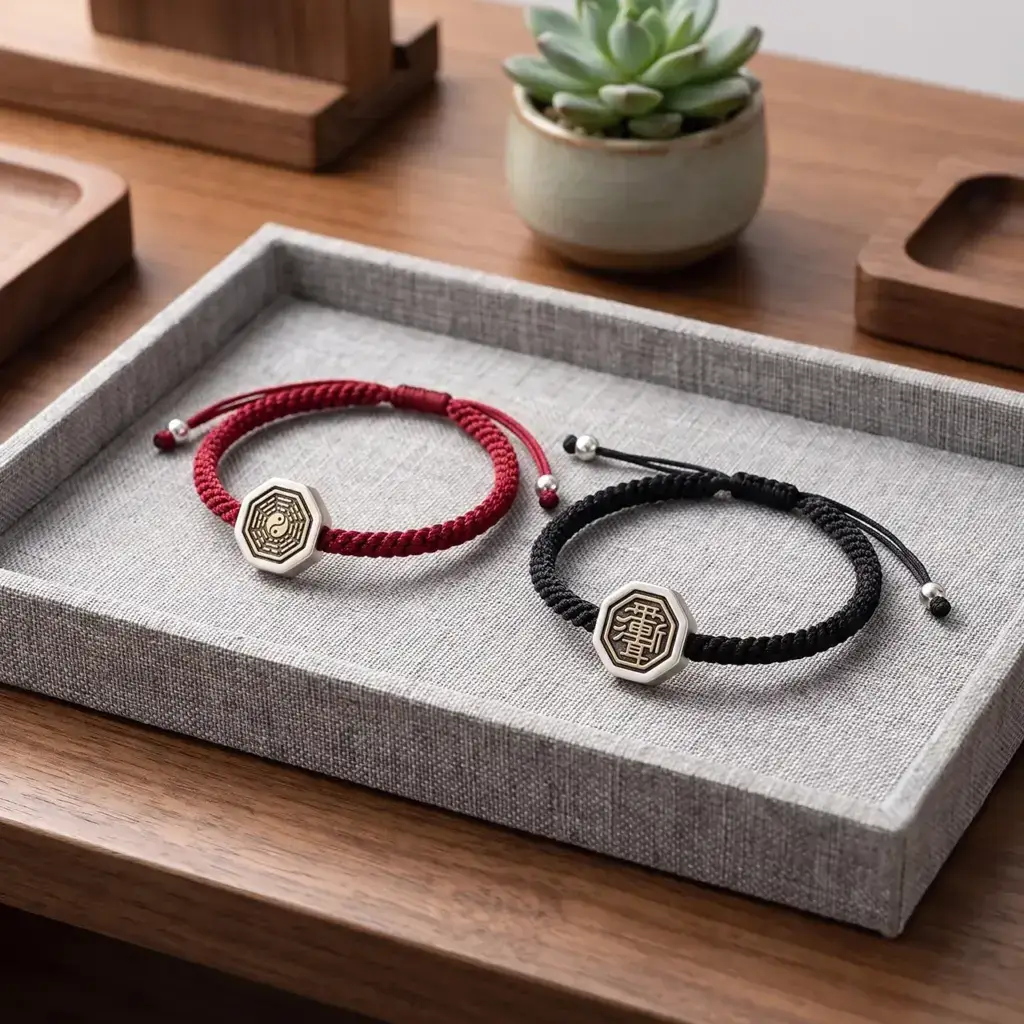 Daoism Light 925 sterling silver Zi Wei Hui Taiji Bagua couple bracelet with black and red woven cord