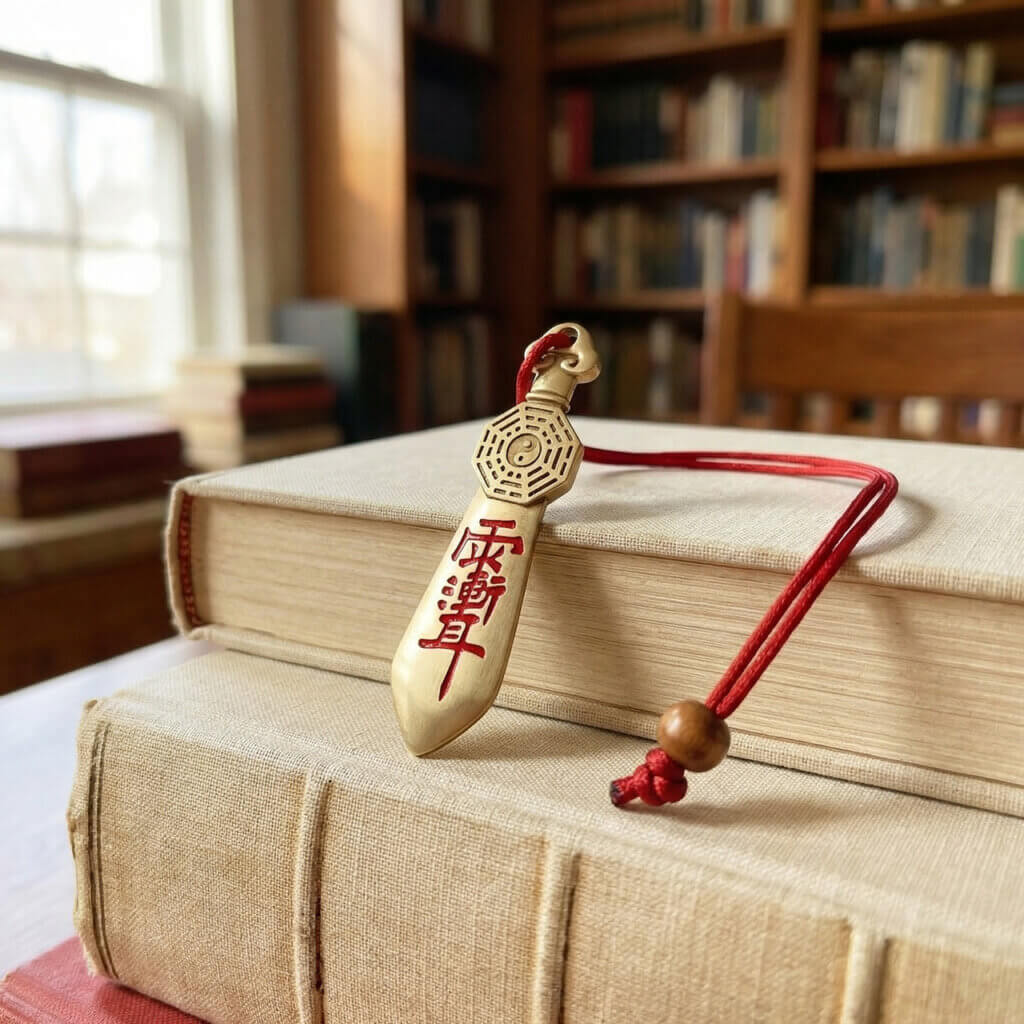 Solid brass Daoist keychain with Early Heaven Bagua and Seven-Star Sword engraving