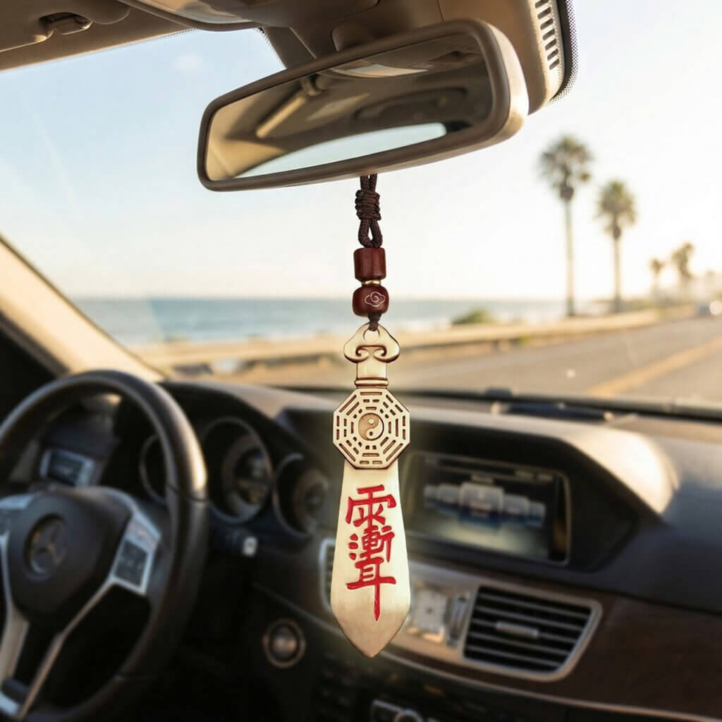 Solid brass Daoist keychain with Early Heaven Bagua and Seven-Star Sword engraving