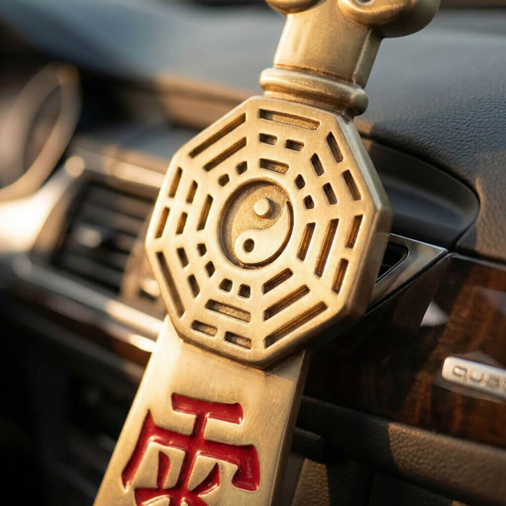 Brass car charm with Later Heaven Bagua and Zi Wei symbolismengraving