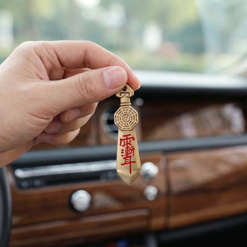 Brass car charm with Later Heaven Bagua and Zi Wei symbolism