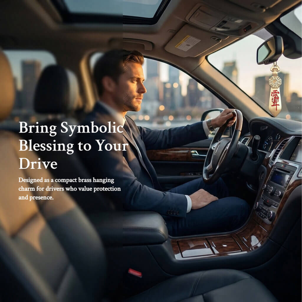 Brass car charm with Later Heaven Bagua and Zi Wei symbolism