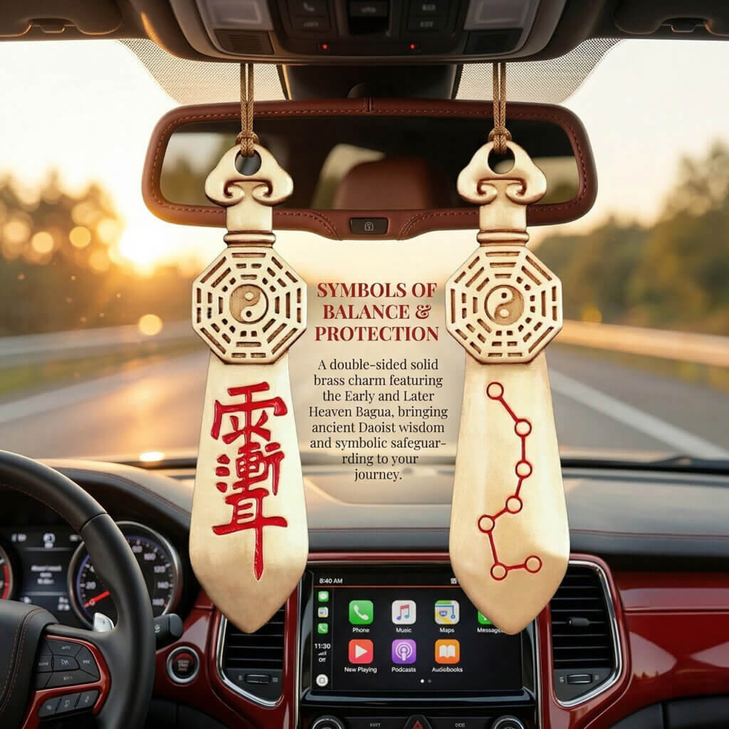 Brass car charm with Later Heaven Bagua and Zi Wei symbolism