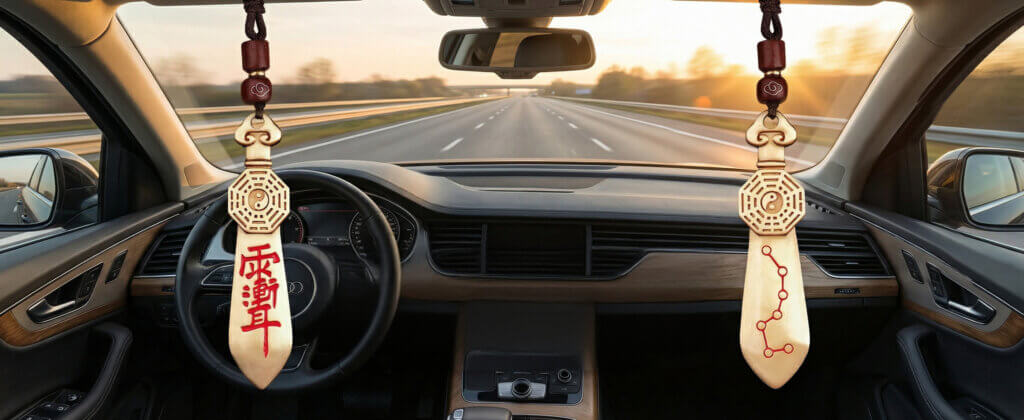 Brass car charm with Later Heaven Bagua and Zi Wei symbolism