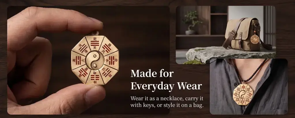 Brass Bagua Yin-Yang pendant attached to a bag as an Eastern style accessory