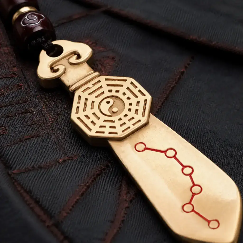 Solid brass hanging charm with Early Heaven Bagua and red-filled Seven-Star motif on the other