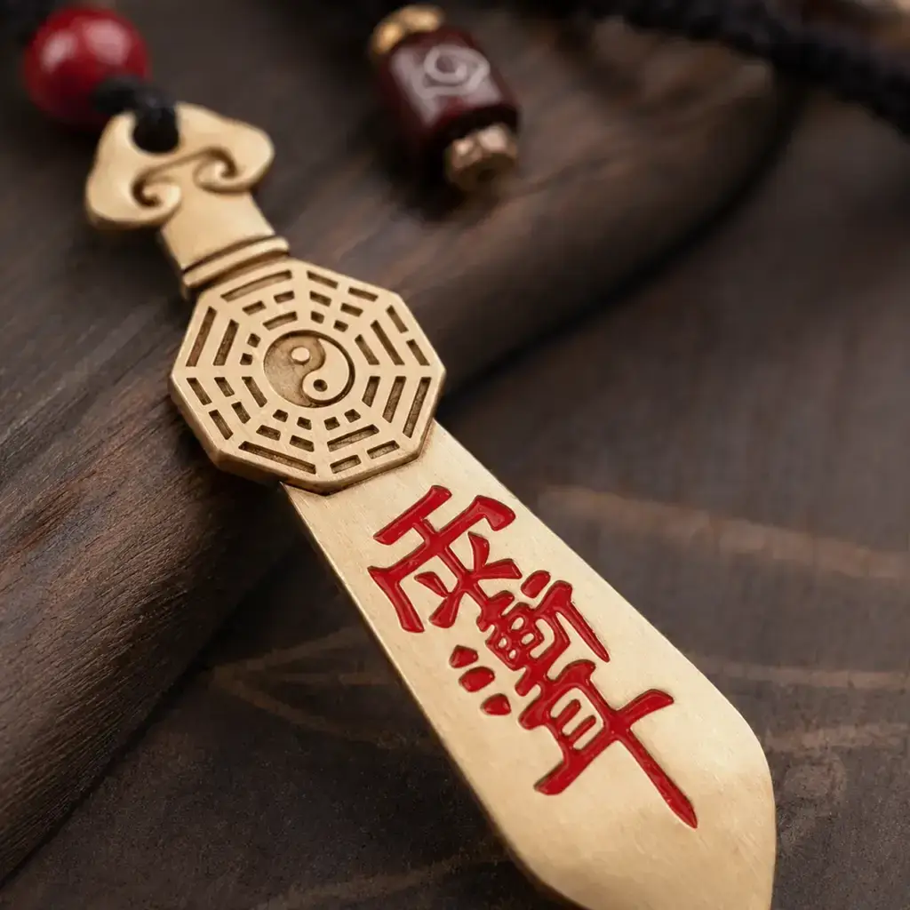 Solid brass hanging charm with Later Heaven Bagua and red-filled Zi Wei Hui Symbol on one side