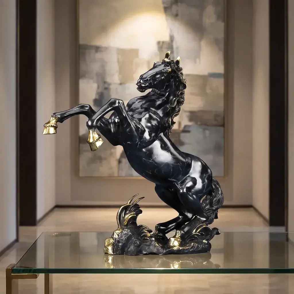 Crackled blue brass horse statue displayed on a shelf in a modern interior