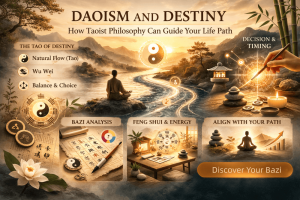 Taoist philosophy concept of destiny as a flowing river symbolizing life path and natural alignment