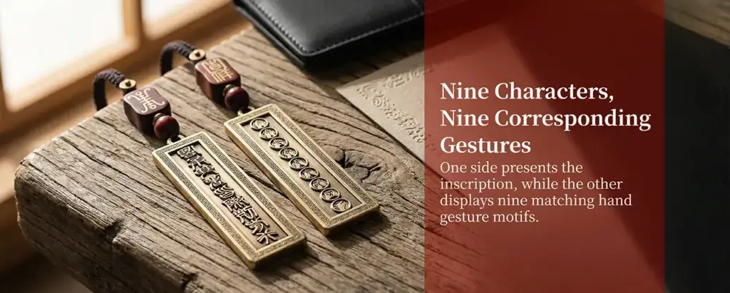 Daoism Light double-sided brass Nine Character Mantra pendant with nine corresponding hand gesture motifs