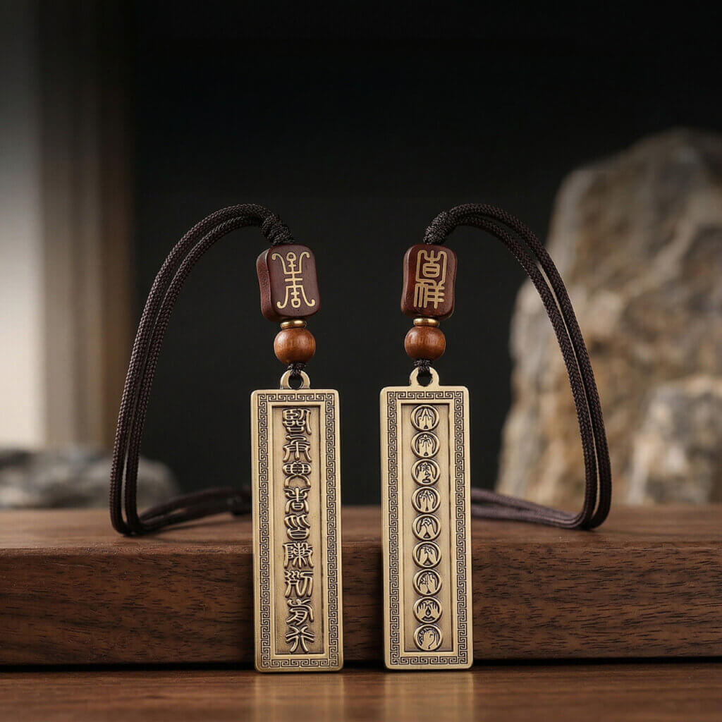 Solid brass Nine Character Mantra pendant necklace