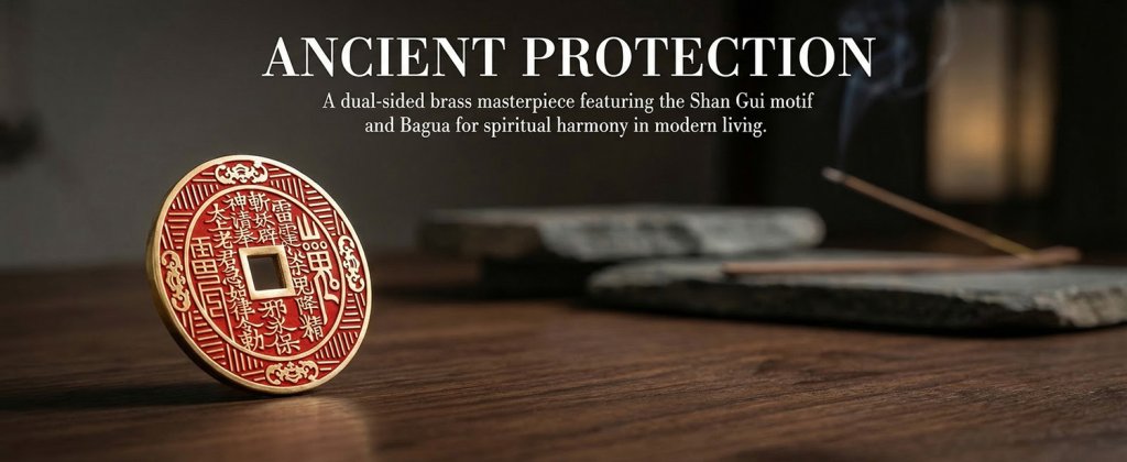 Brass Shan Gui Protection Coin charm with Bagua symbol