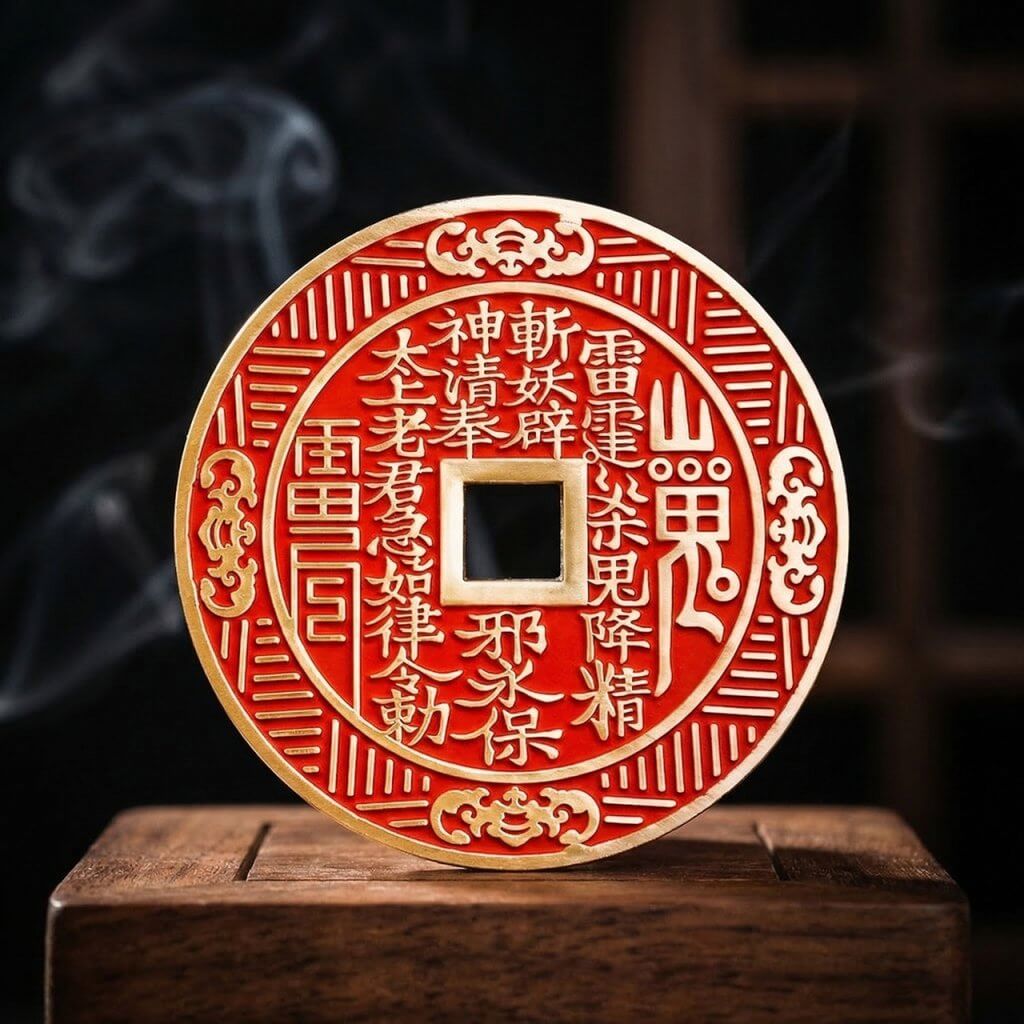 Daoism Light brass Shan Gui pendant with Later Heaven Bagua and cinnabar