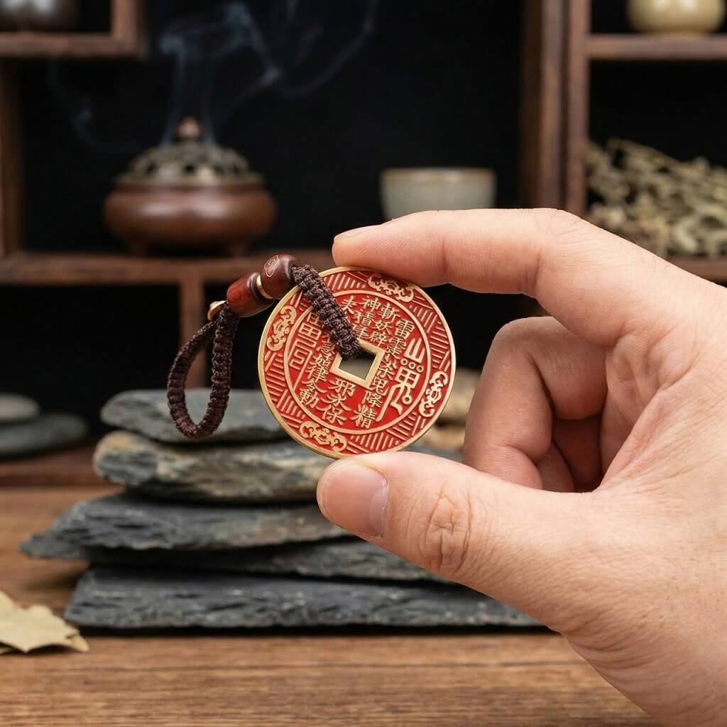 Daoism Light brass Shan Gui pendant with Later Heaven Bagua and cinnabar