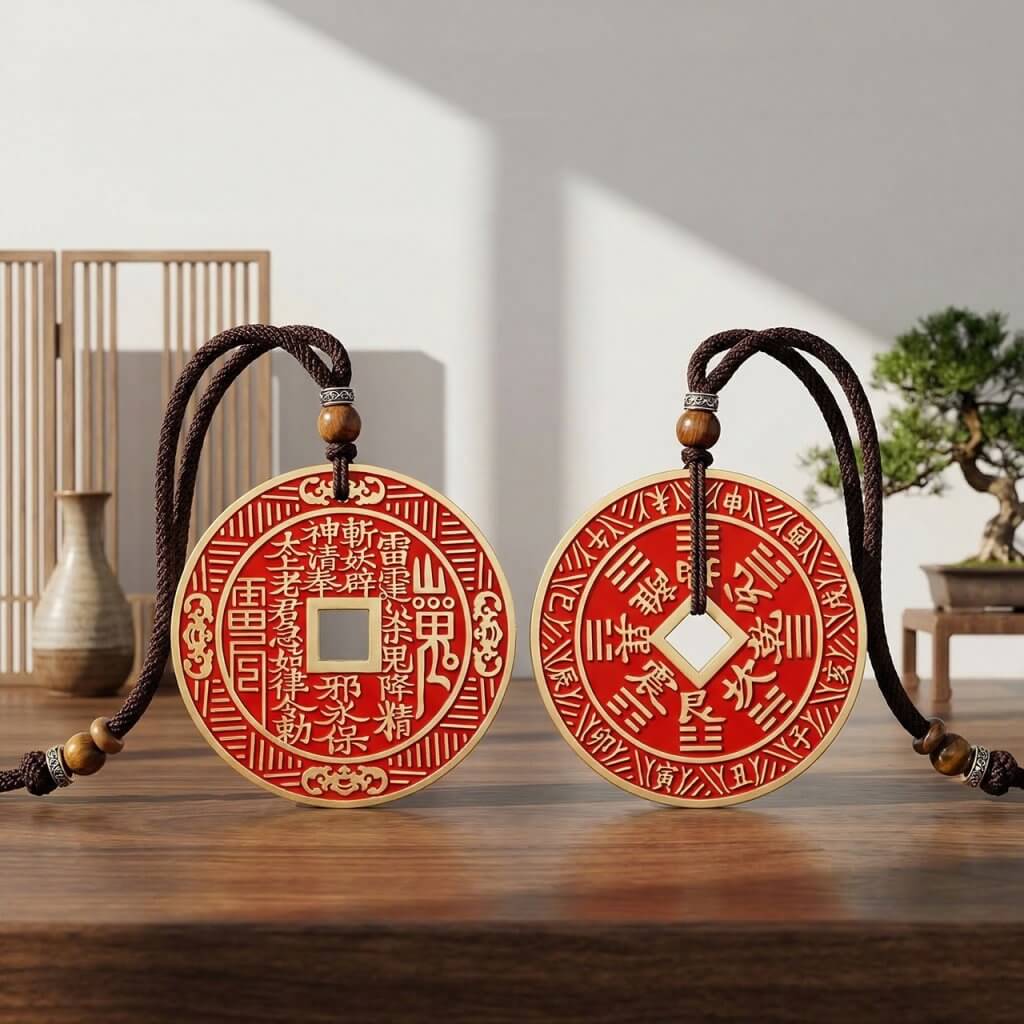 Daoism Light brass Shan Gui pendant with Later Heaven Bagua and cinnabar