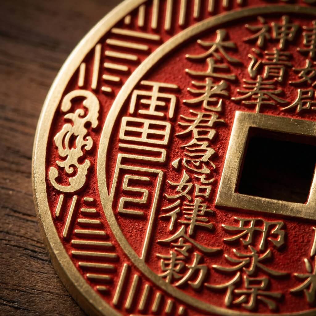 Brass Shan Gui Protection Coin charm with Bagua symbol