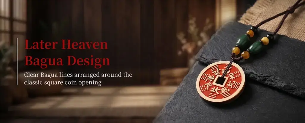 Daoism Light brass Shan Gui Coin Later Heaven Bagua hanging pendant with cinnabar-filled engraving