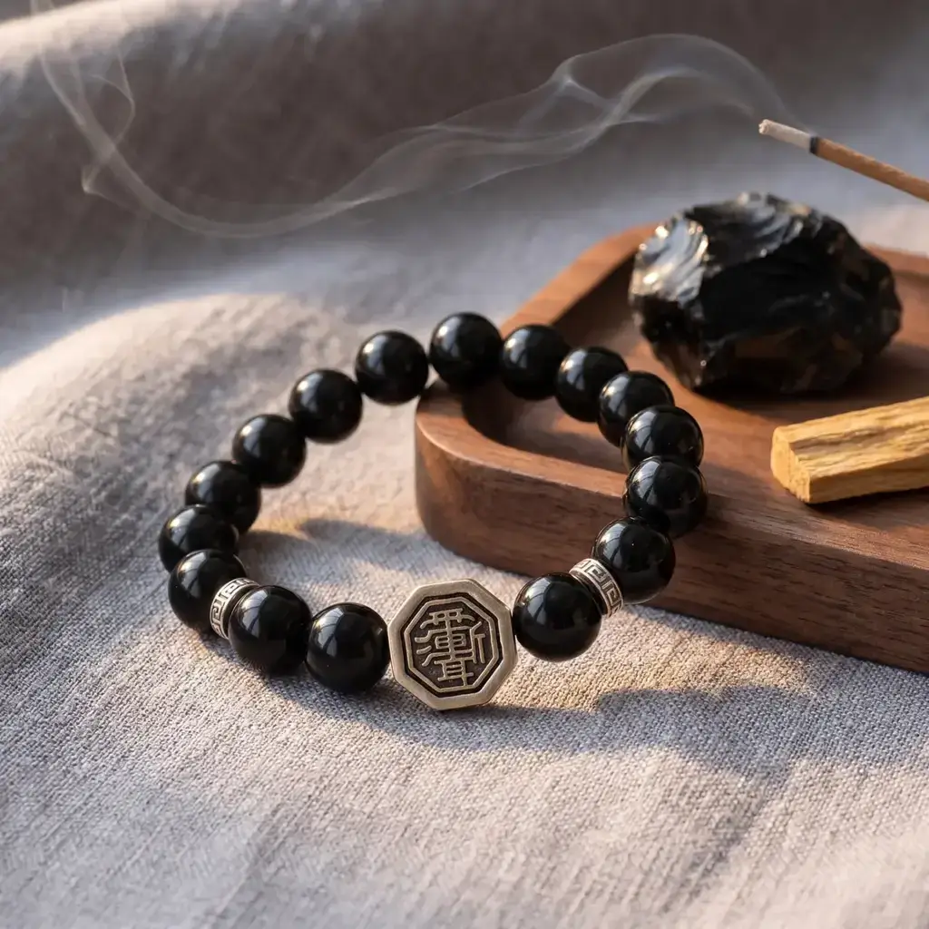 Daoism Light Zi Wei Hui Bagua obsidian bracelet with double-sided 925 silver charm