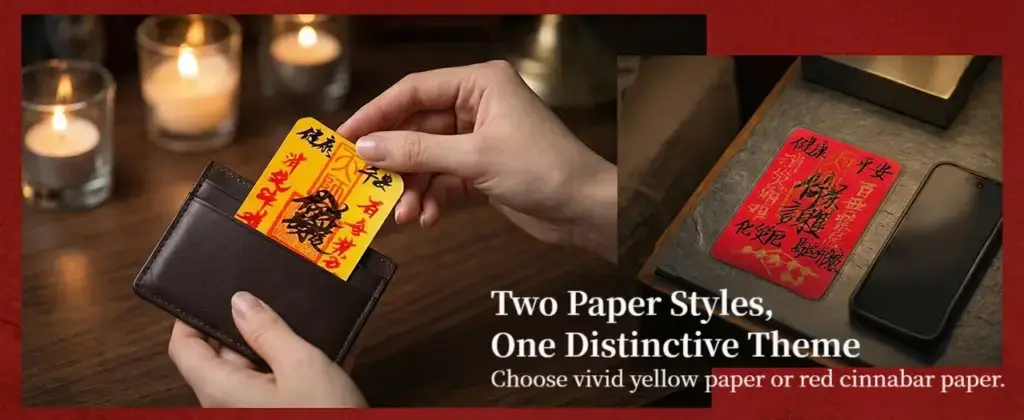 Daoism Light handwritten Ping An Fu cards in yellow paper and red cinnabar paper