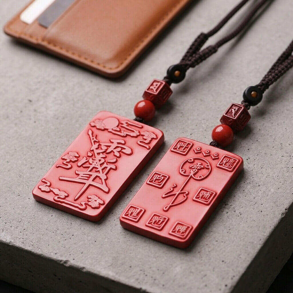 Red cinnabar hanging charm with Zi Wei Hui protective motif