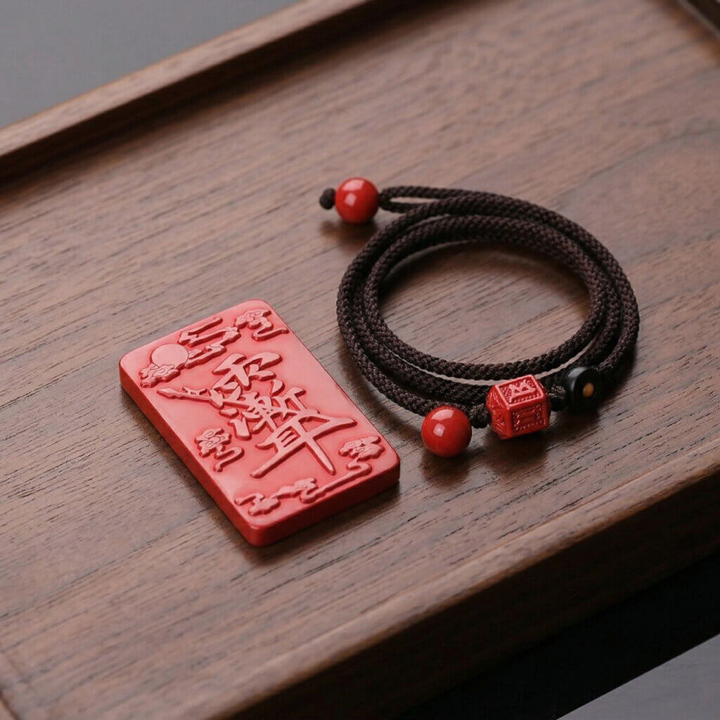 Red cinnabar hanging charm with Zi Wei Hui protective motif