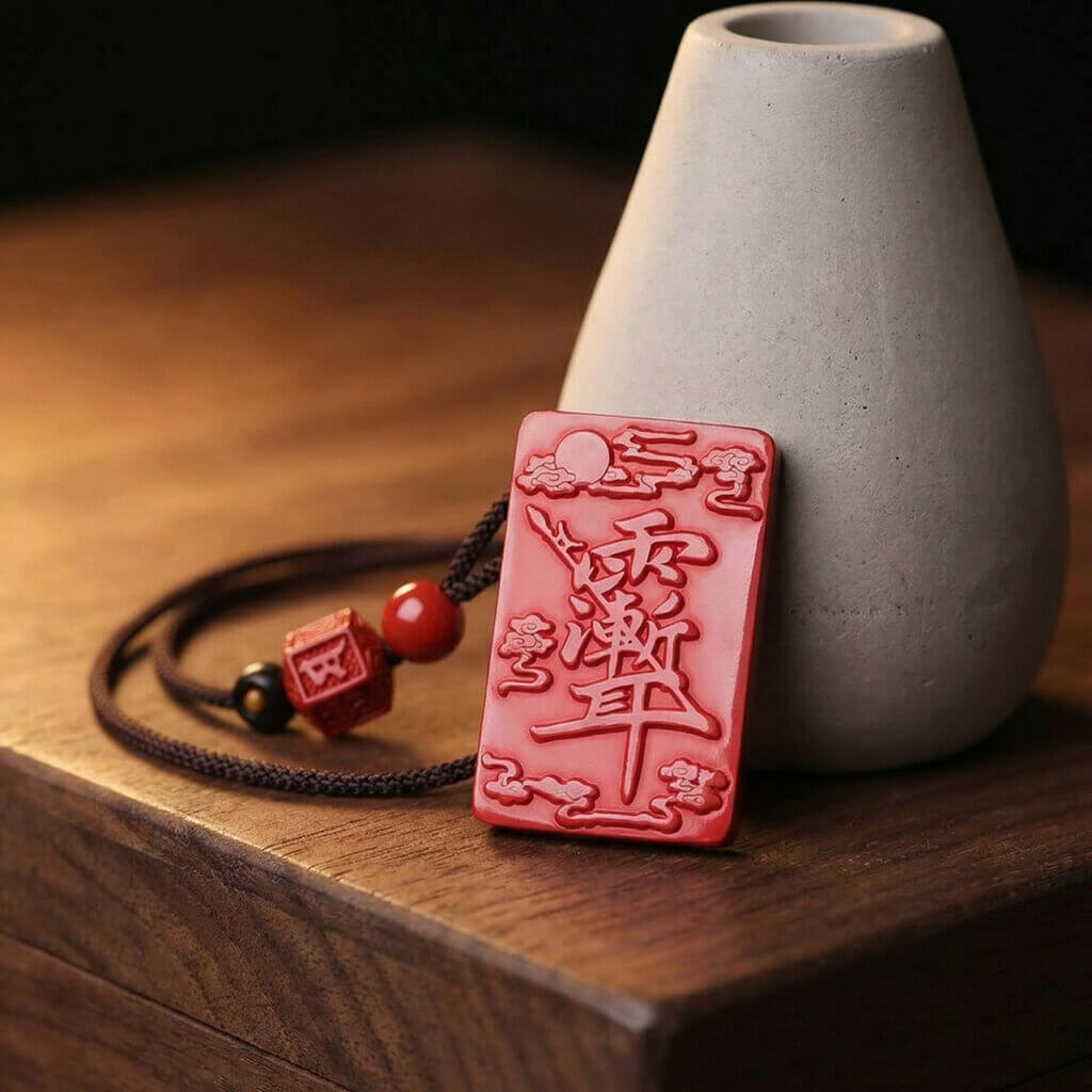 Red cinnabar hanging charm with Zi Wei Hui protective motif