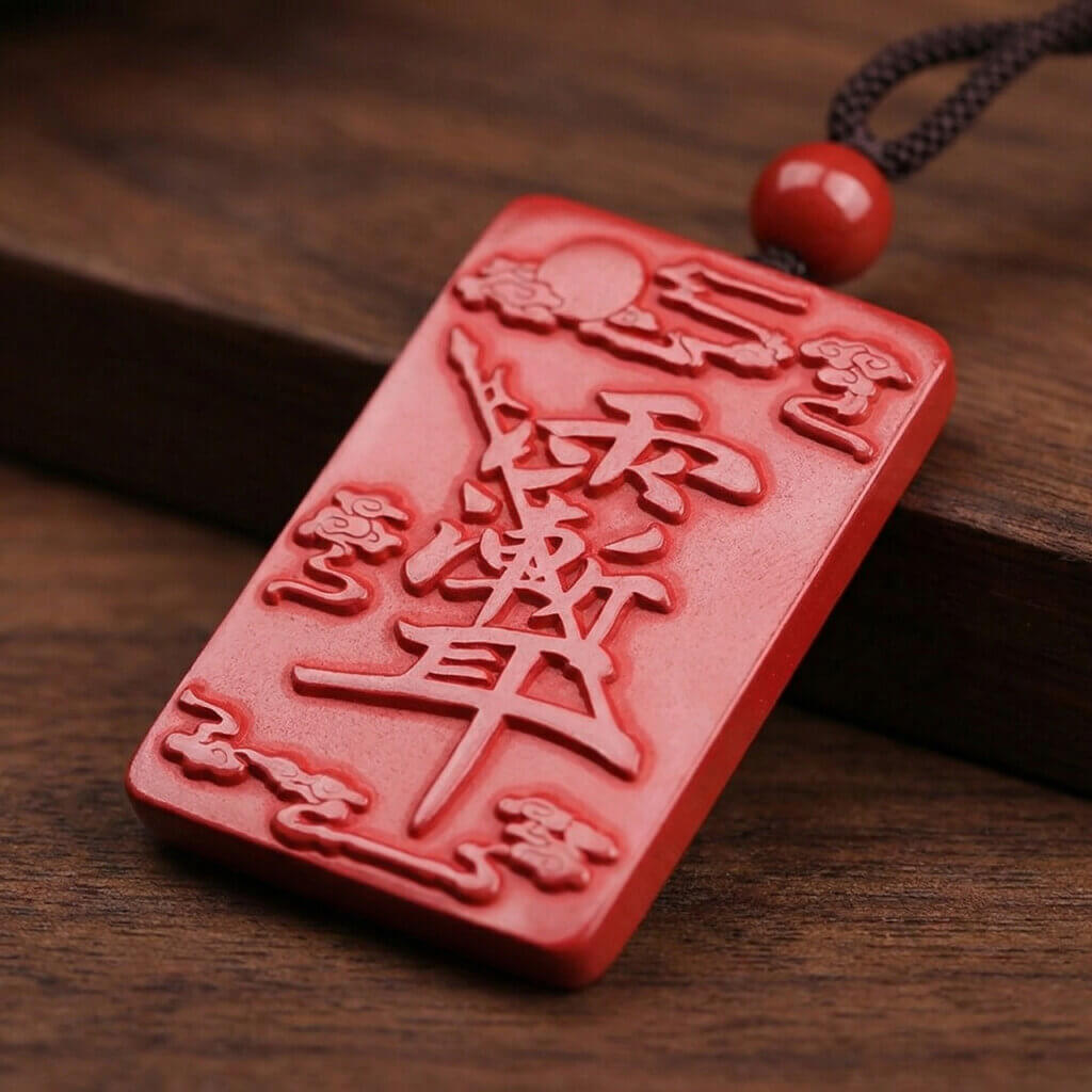 Red cinnabar hanging charm with Zi Wei Hui protective motif