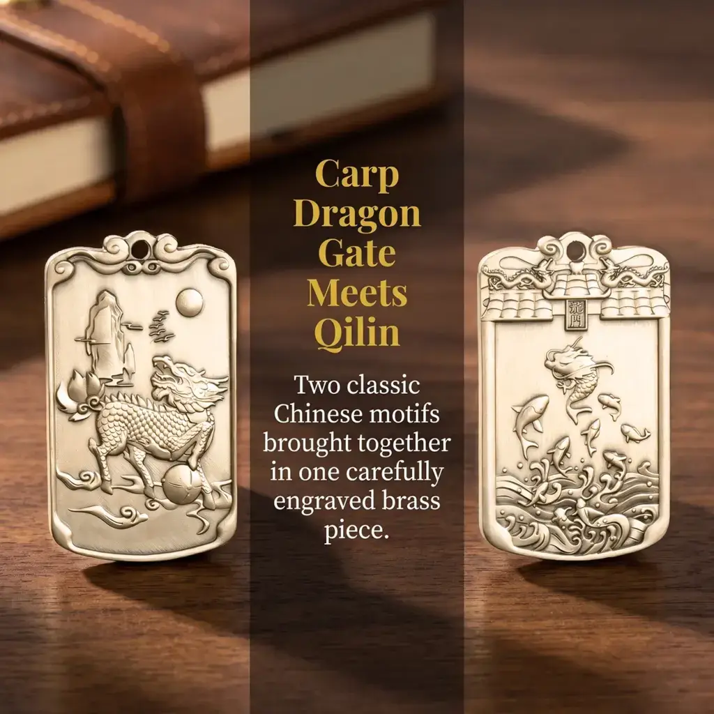 Solid brass Qilin Dragon Gate Carp pendant charm with double-sided engraving