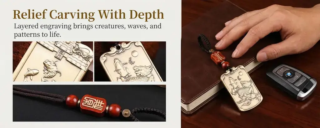 Solid brass Qilin Dragon Gate Carp pendant charm with double-sided engraving