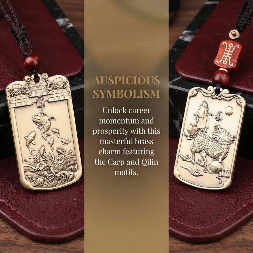 Feng shui pendant charm with carp leaping dragon gate and noble qilin motif