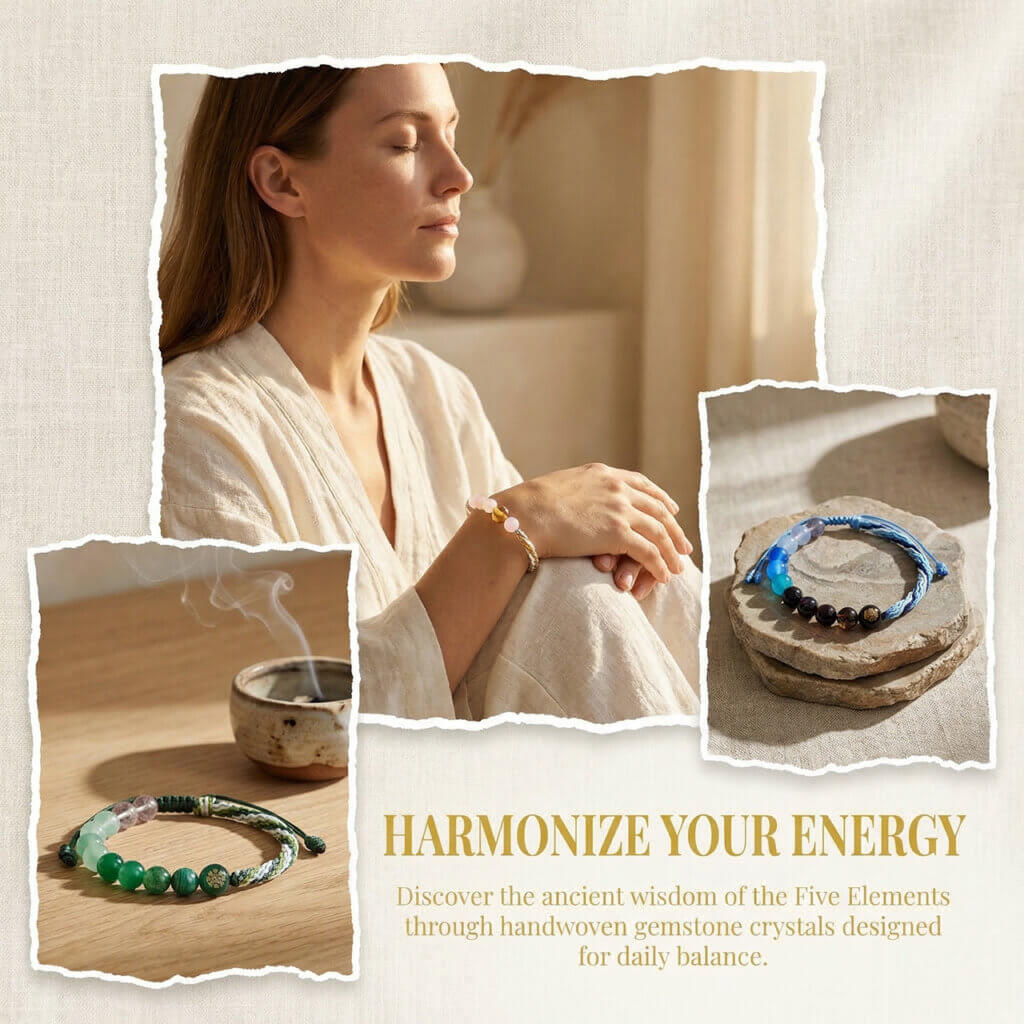 Daoism Light Five Elements crystal bracelet with handwoven endless knot