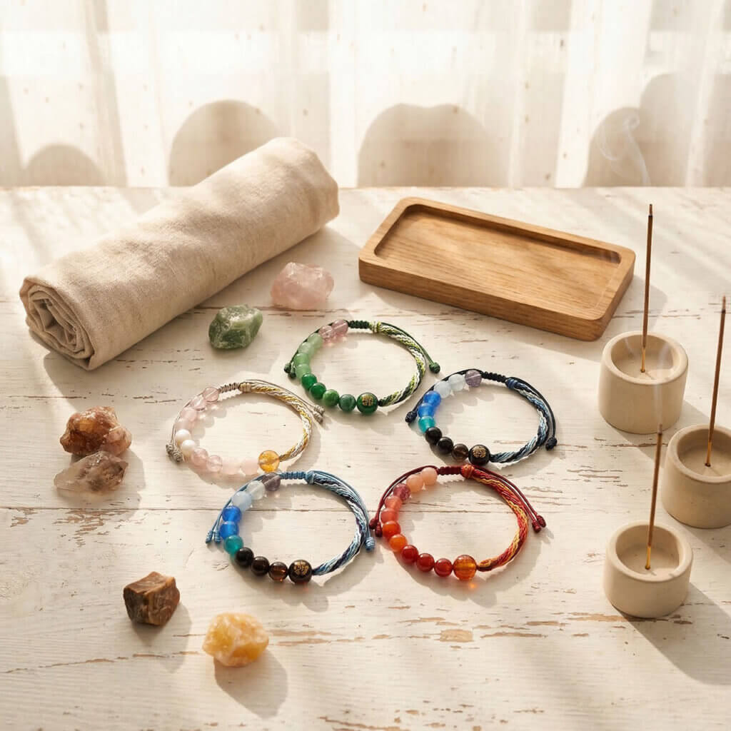 Daoism Light Five Elements crystal bracelet with handwoven endless knot