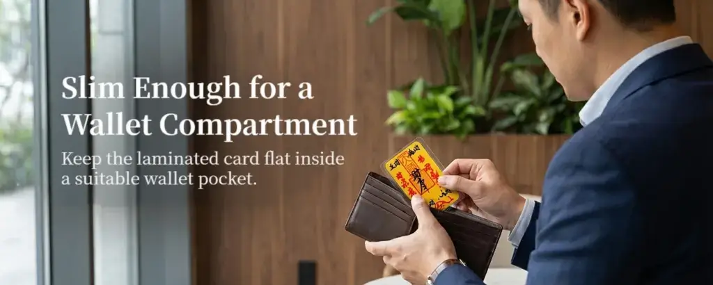 Handwritten Cai Fu card stored flat inside a wallet compartment
