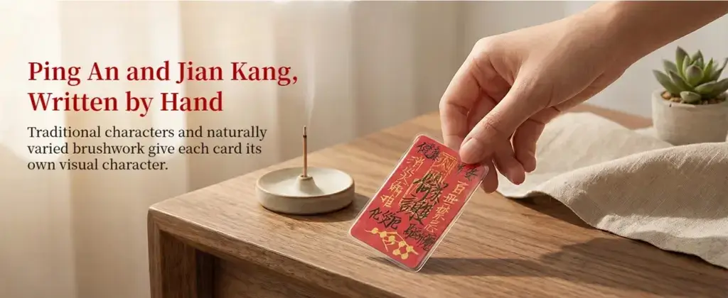 Handwritten Ping An Fu card presented as a traditional cultural gift