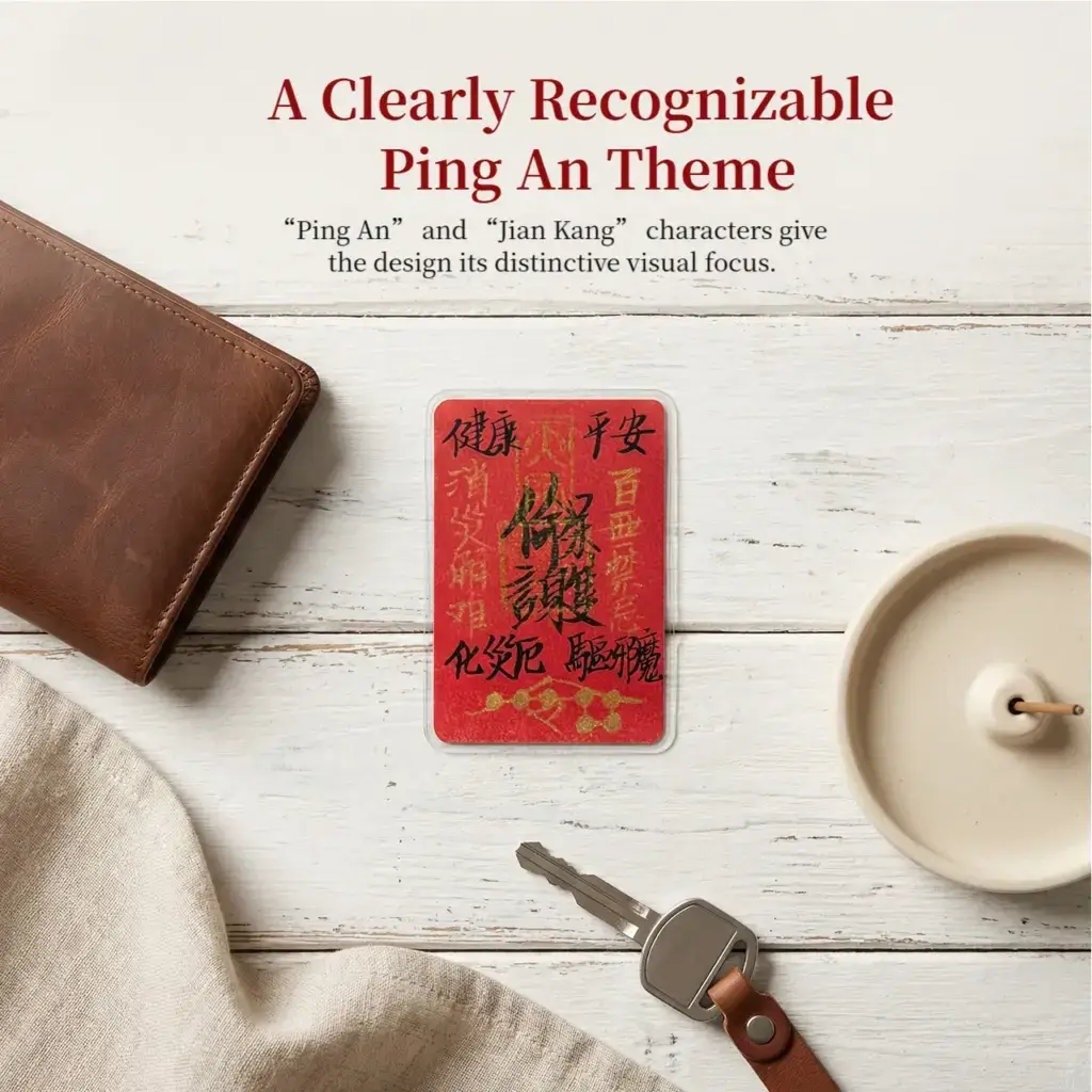 Handwritten Ping An Fu card made with red cinnabar paper and black writing