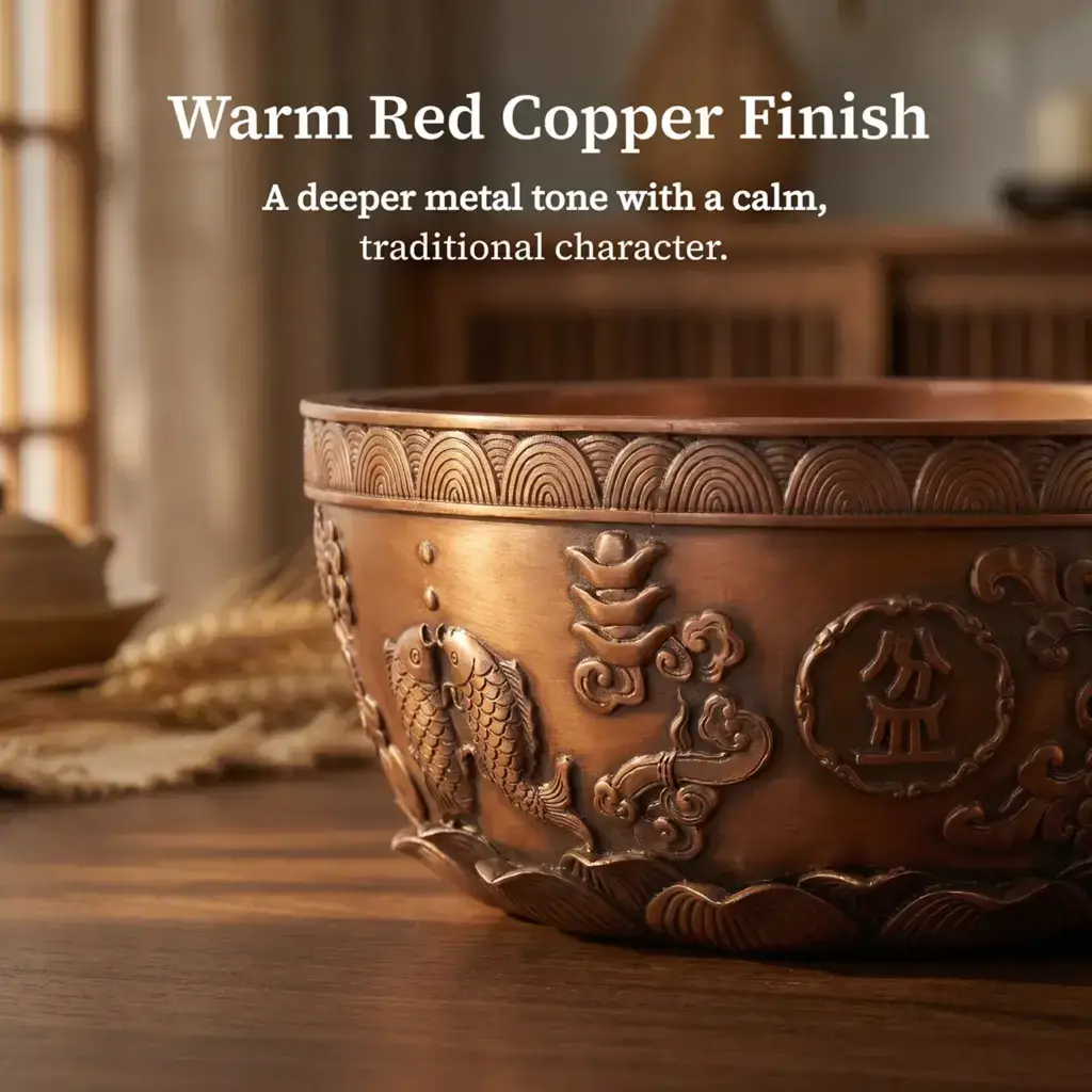 Red copper koi treasure bowl with reddish brown finish