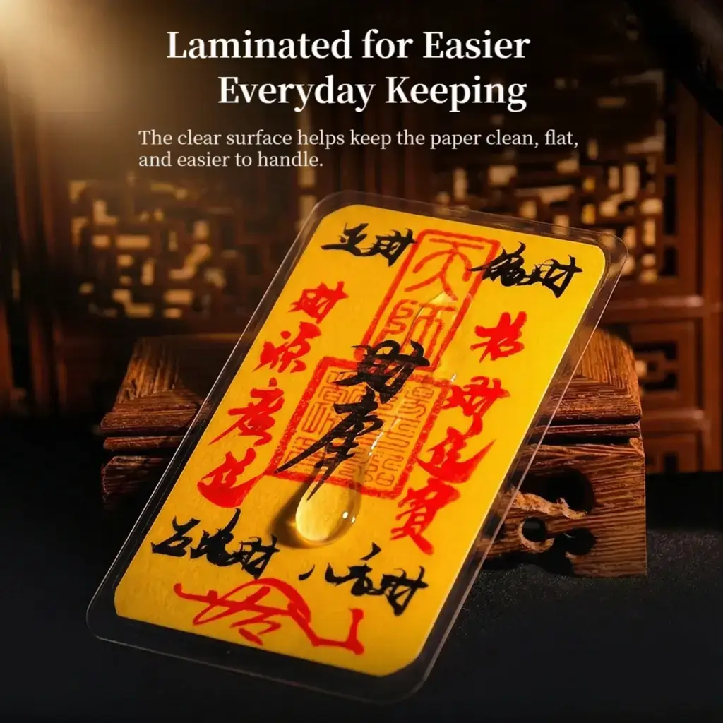 Clear laminated surface protecting a handwritten Cai Fu card