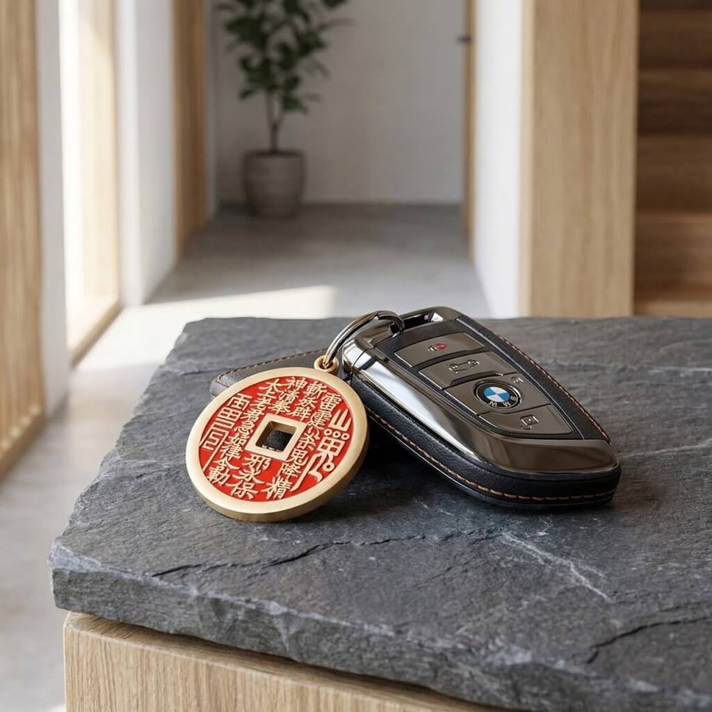 Cinnabar Mountain Spirit Amulet Coin pendant in solid brass with Later Heaven Bagua design