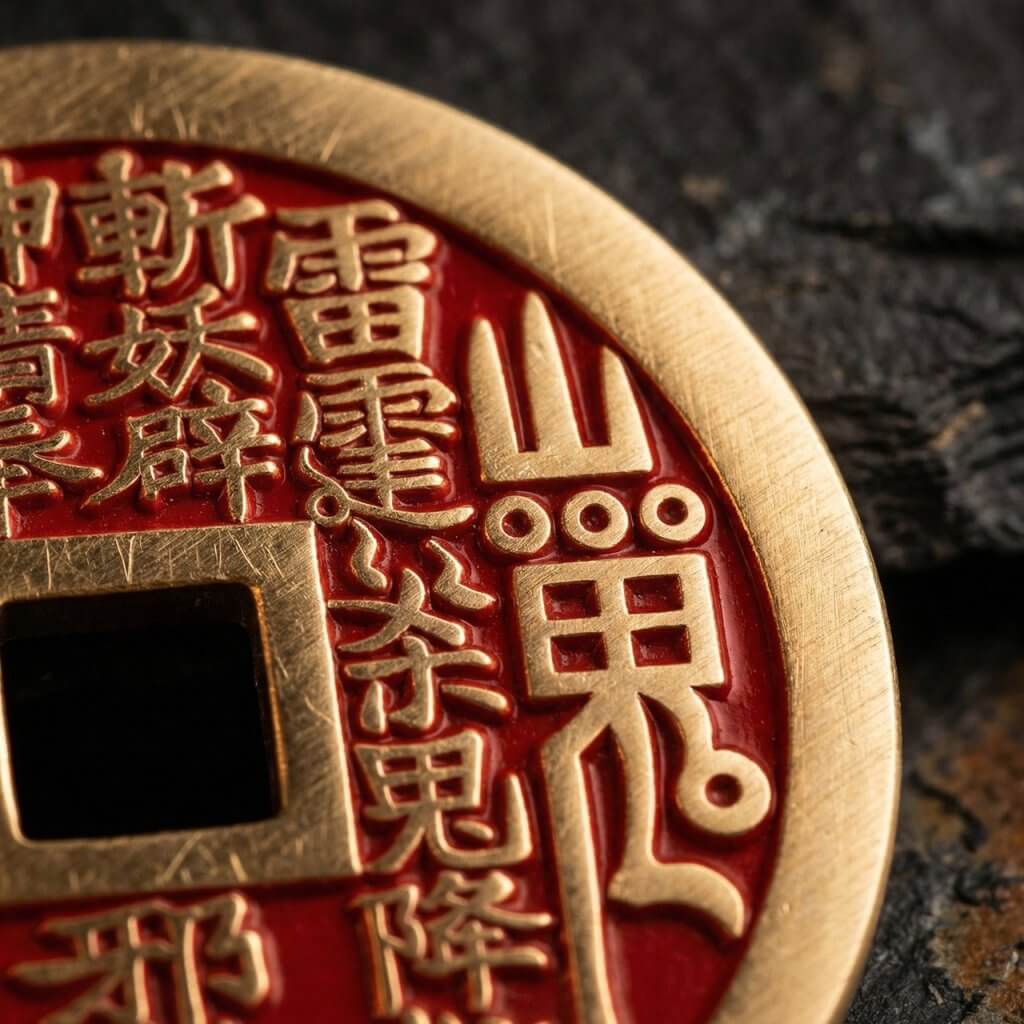 Cinnabar Mountain Spirit Amulet Coin pendant in solid brass with Later Heaven Bagua design