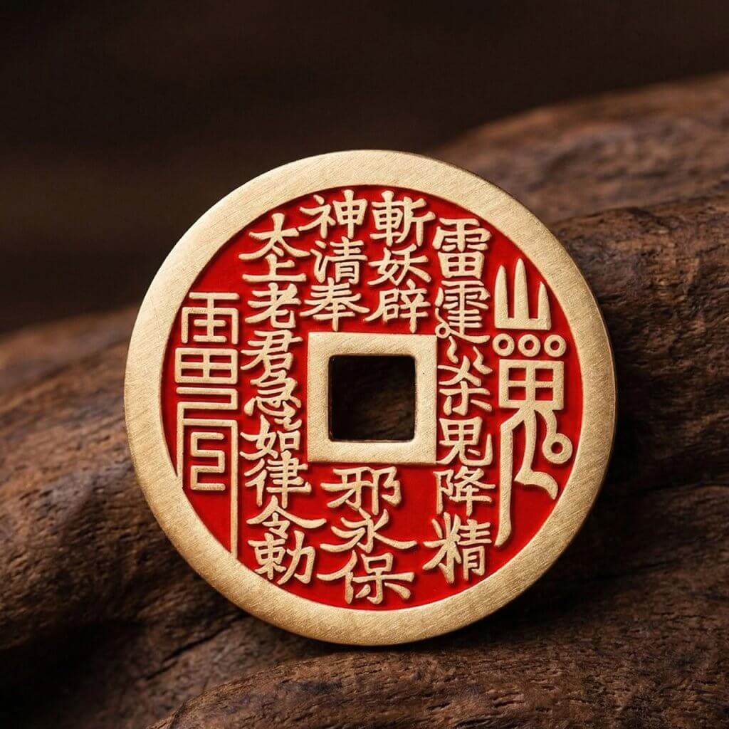 Cinnabar Mountain Spirit Amulet Coin pendant in solid brass with Later Heaven Bagua design