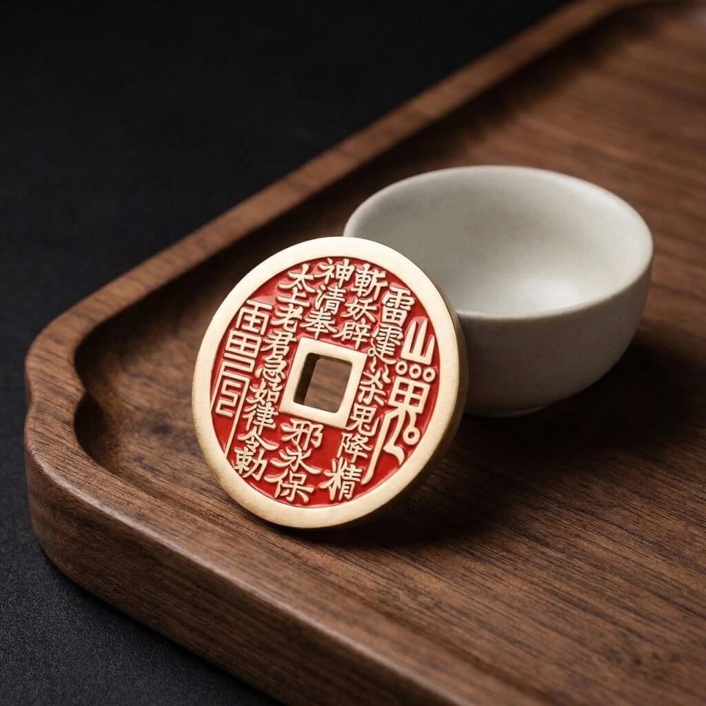 Solid brass Daoist protection keychain with Mountain Spirit Coin and Later Heaven Bagua