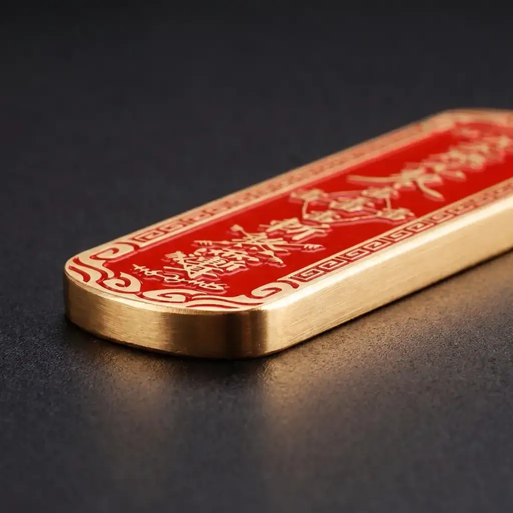 Vermilion-filled engraving detail on Lei Zu copper pendant