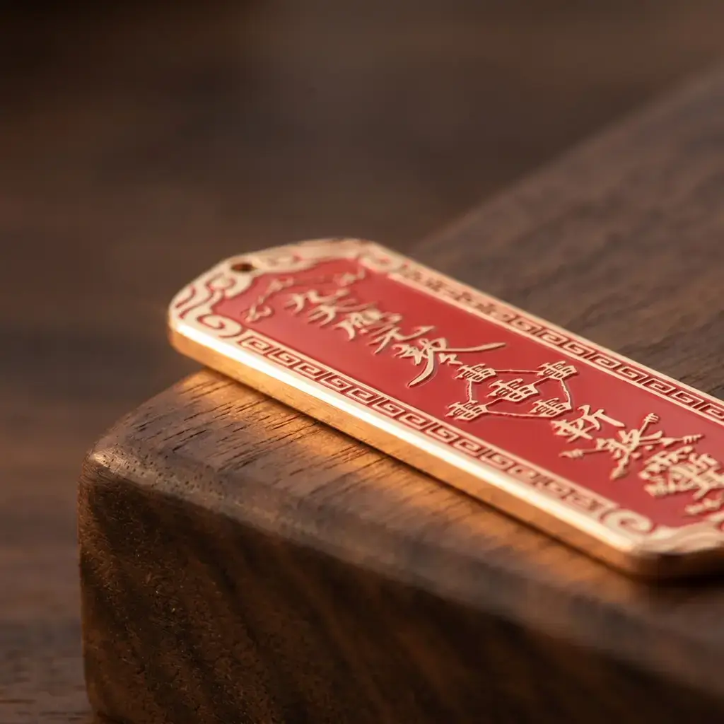 Vermilion-filled engraving detail on Lei Zu copper pendant